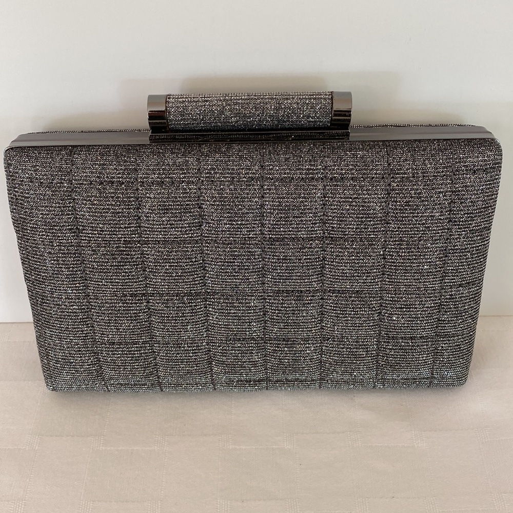 Etcetera ETC Silver Quilted Box Clutch Handbag Removable Gunmetal Chain Purse